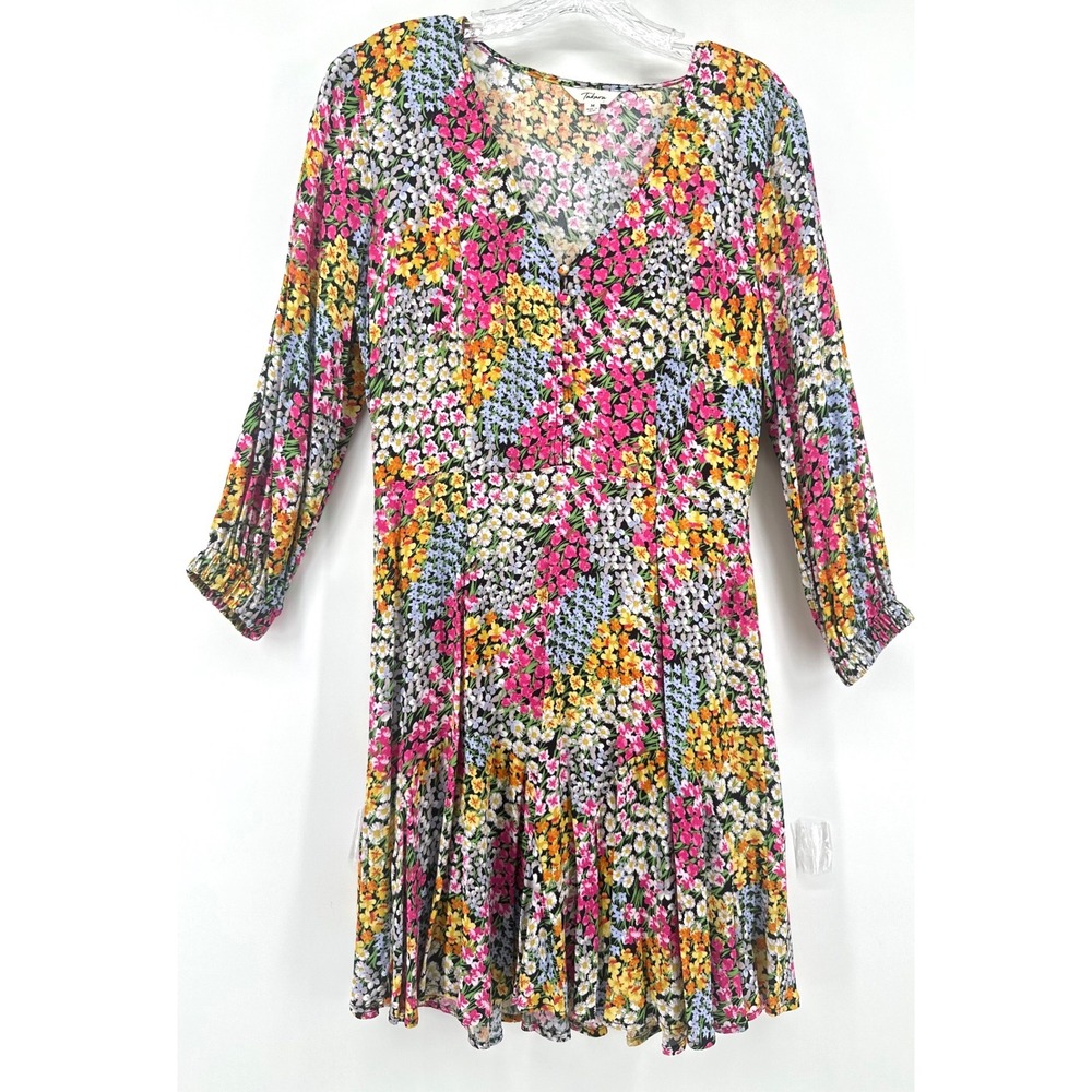 Takara Womens Floral V-Neck Fairy Mini Dress Long Sleeve Size M Peasant Feminine